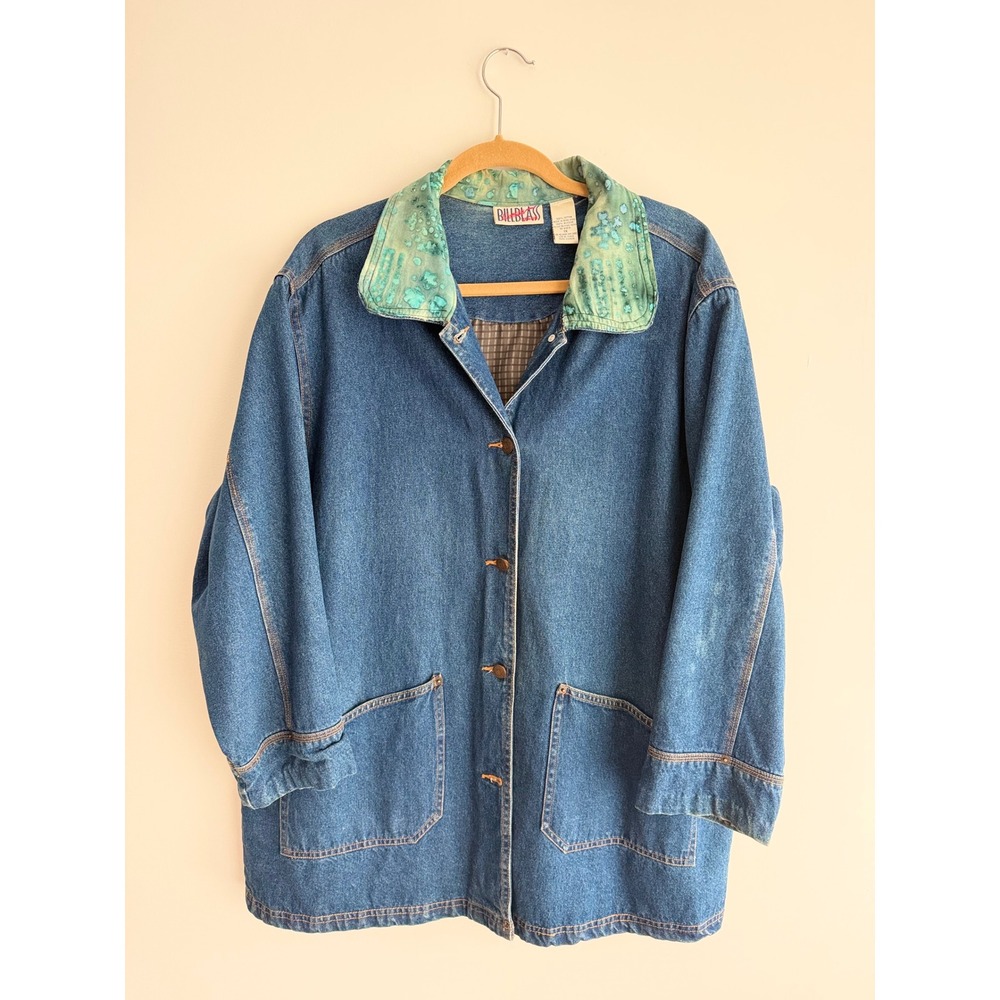 VTG 90s Bill Blass Denim Blue Chore Barn Jacket Coat Green Collar Size 1X PLUS